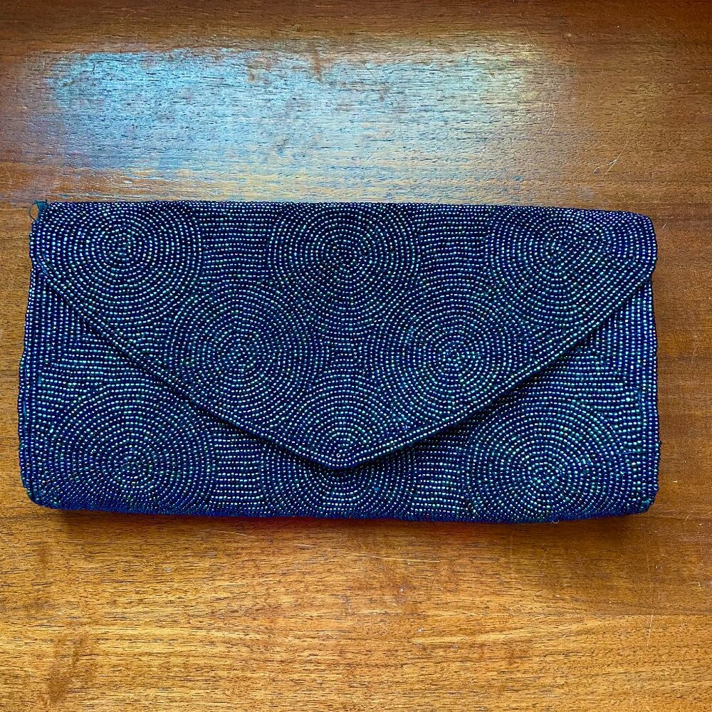 Blue & Purple Beaded Envelope Clutch with Iridescent Swirl Pattern